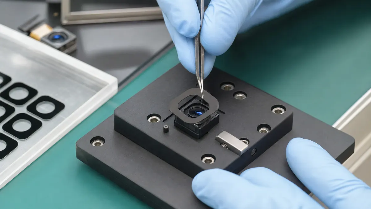 Technician aligning a black custom die-cut light-shielding gasket around a compact camera module lens
